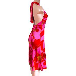 NWT Flora Kung Vibrant Pink Print Silk Jersey Strapless Backless Halter Dress